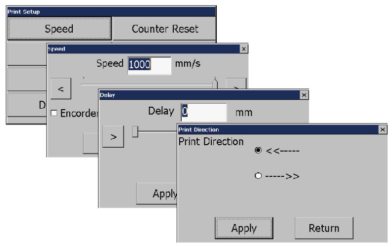 Print set up - Shaft encoder, Invert printing, Repeat print and auto purge print head