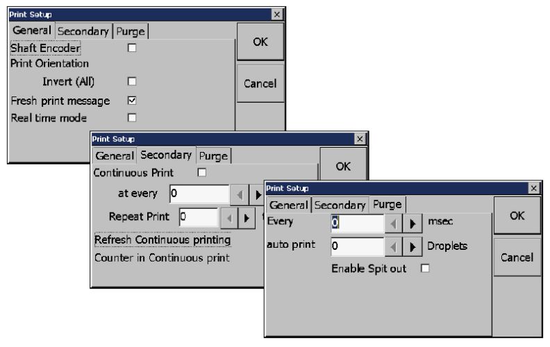 Print set up - Shaft encoder, Invert printing, Repeat print and auto purge print head